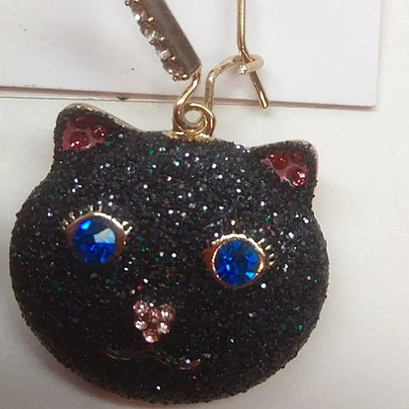New! BETSEY JOHNSON Black Glitter Halloween Cat Long Drop Leverback Earrings. - Picture 7 of 9